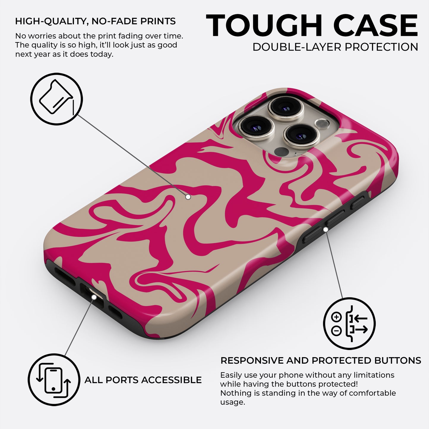 Hot pink and beige abstract wavy pattern iPhone tough case with double-layer protection and high-quality no-fade print by HaloCovers
