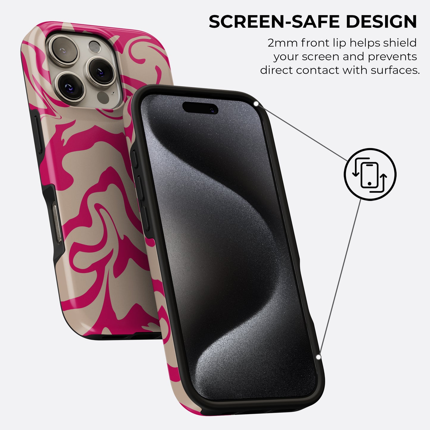 Hot pink and beige abstract wavy iPhone tough case with 2mm front lip screen-safe design to protect display from surface contact by HaloCovers