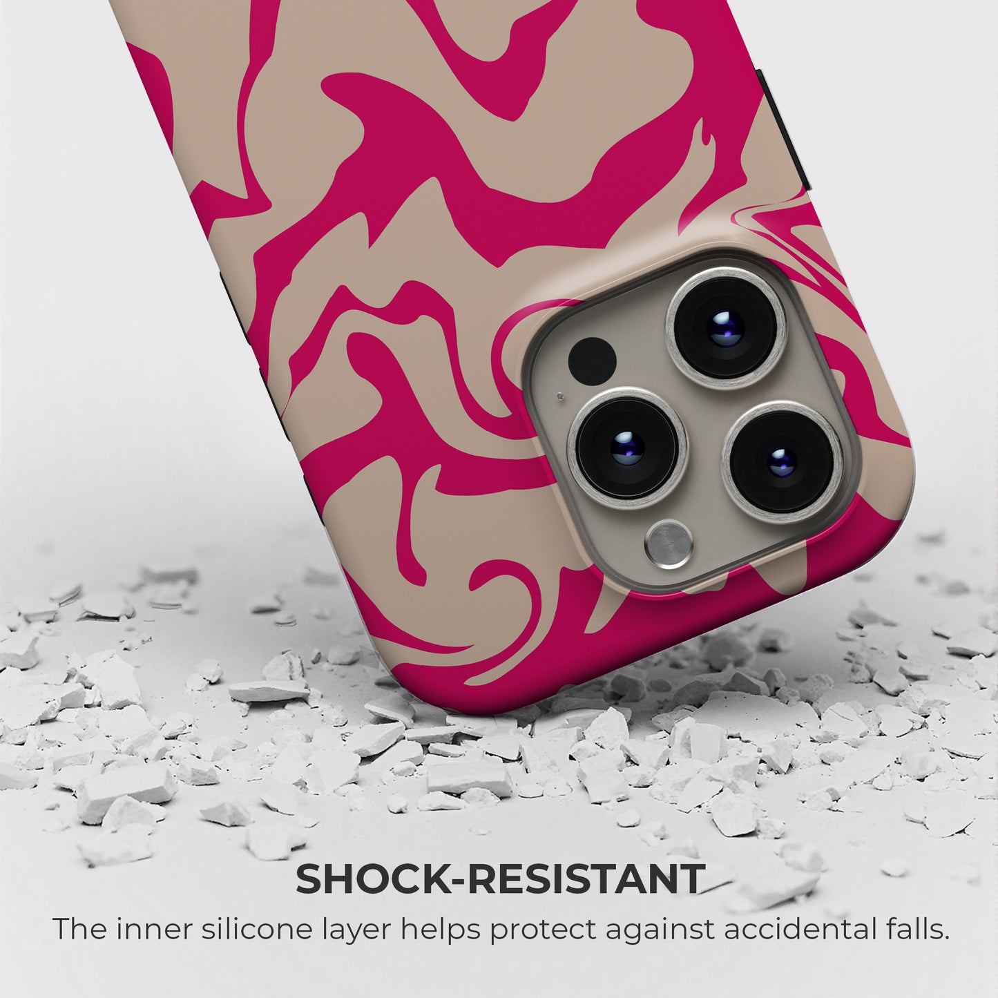 Shock-resistant hot pink and beige abstract wavy iPhone tough case with inner silicone layer for drop protection by HaloCovers