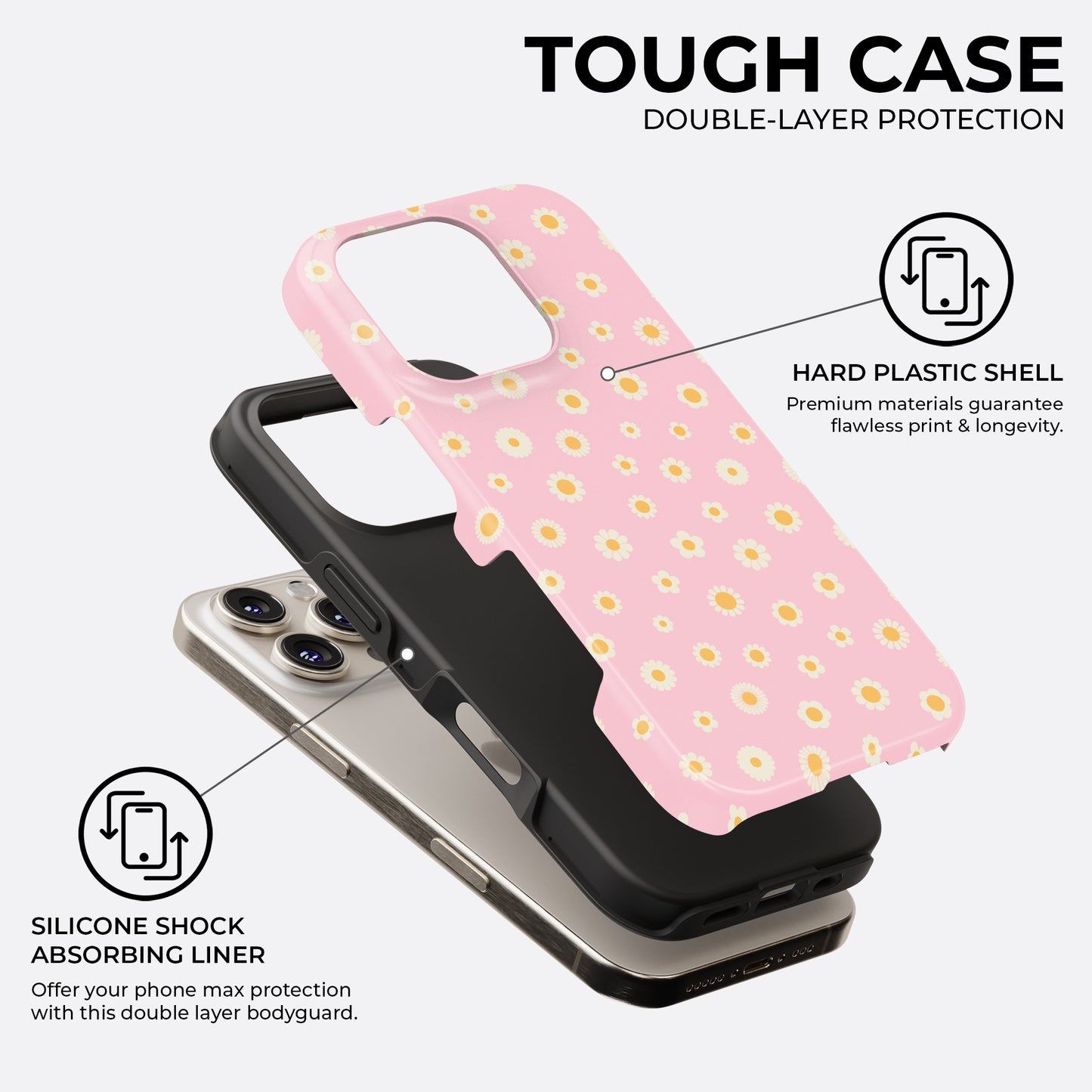 Exploded view of pink iPhone tough case with white and yellow daisy floral design, showing hard plastic shell and silicone shock absorbing liner by HaloCovers