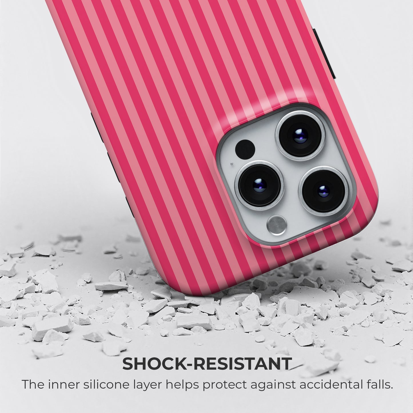 Pink striped iPhone tough case with shock-resistant silicone layer for drop protection