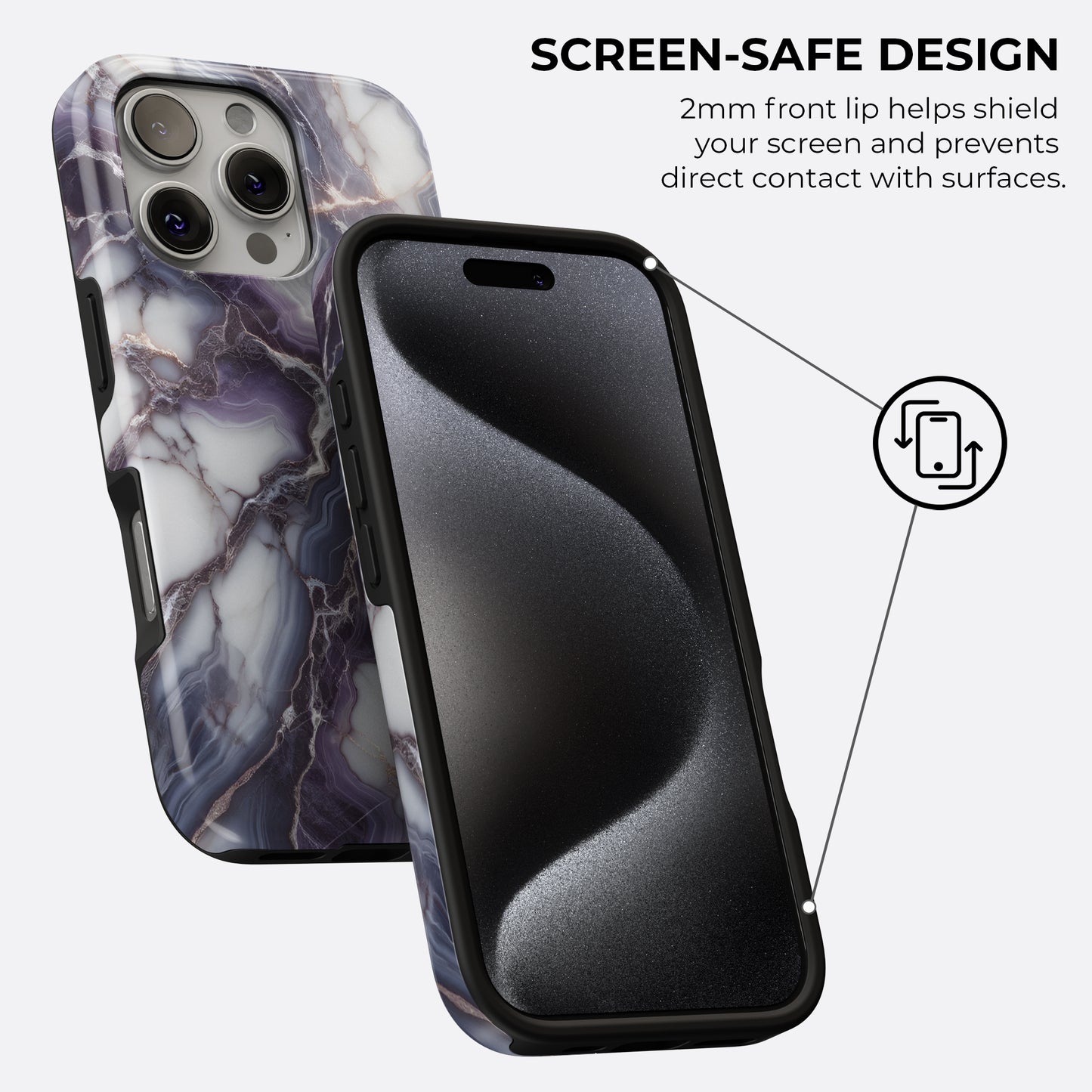 Purple marble iPhone MagSafe tough case with screen-safe design and 2mm raised front lip for screen protection