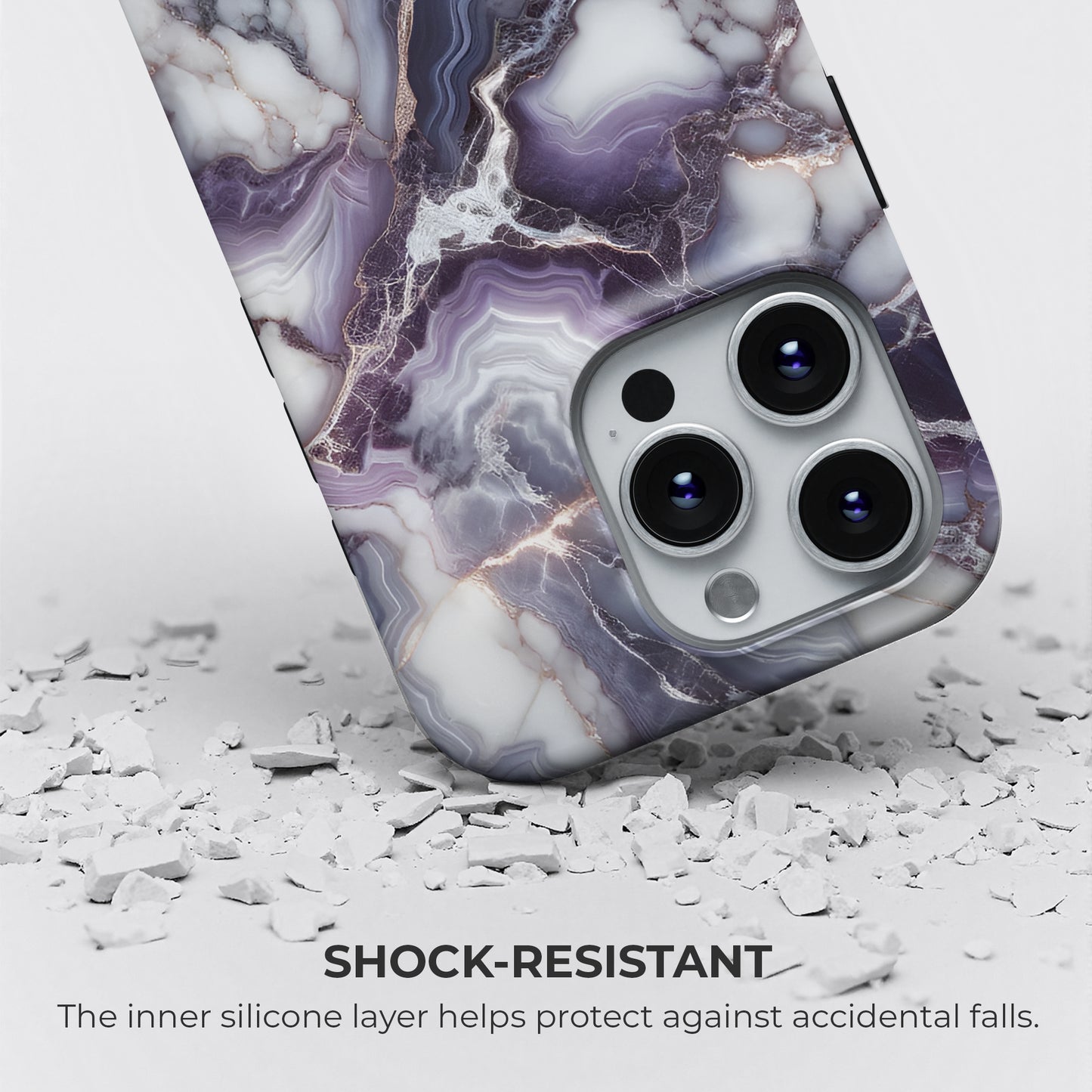 Purple marble iPhone MagSafe tough case with shock-resistant silicone layer providing drop protection