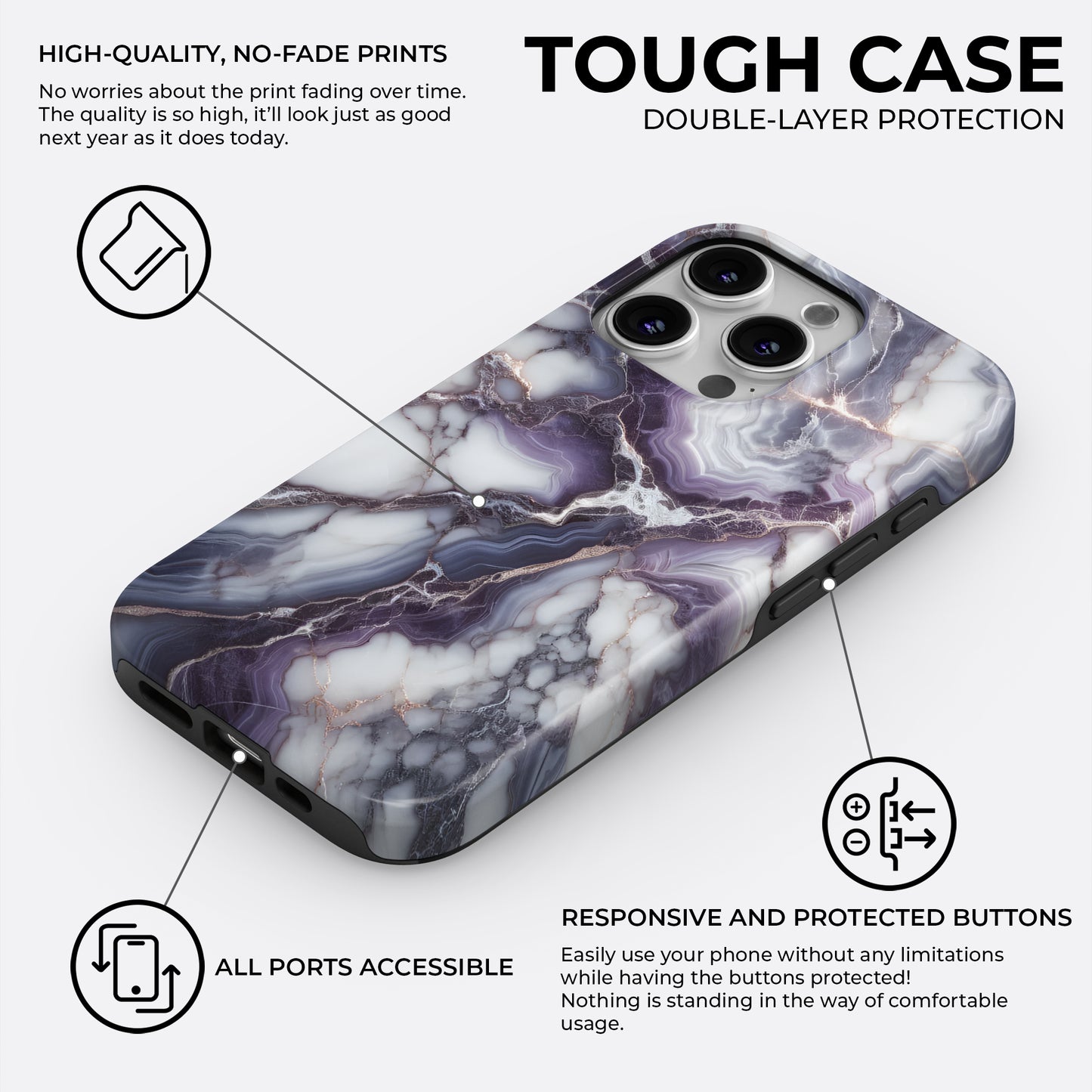 Purple marble iPhone tough case with double-layer protection, responsive buttons and all ports accessible