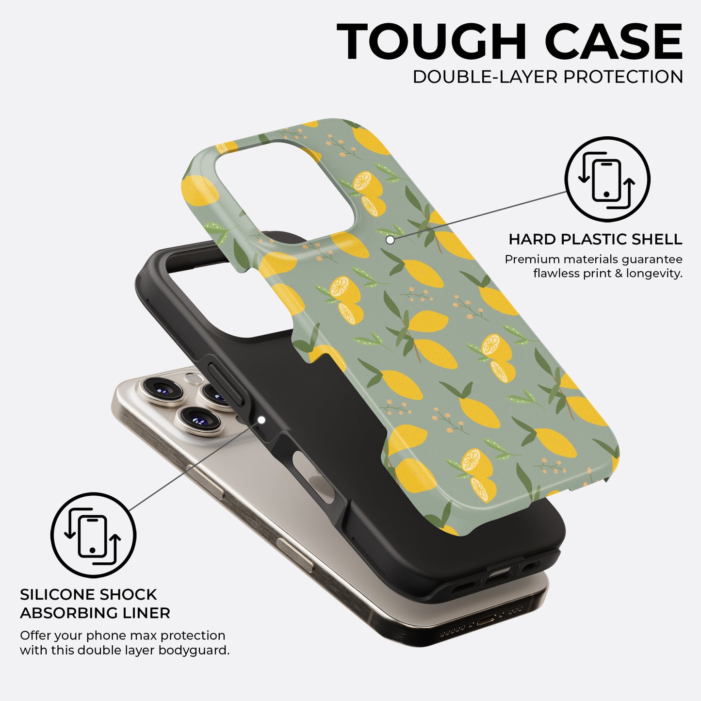 Lemon pattern tough phone case with double-layer protection showing hard plastic shell and silicone shock absorbing liner