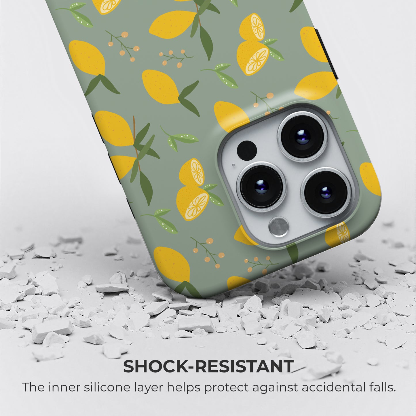 Lemon pattern tough phone case with shock-resistant protection and durable silicone layer designed to guard against accidental drops