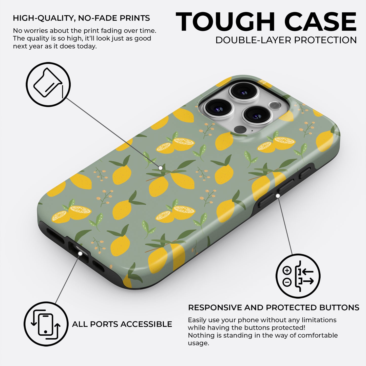 Lemon pattern tough phone case with double-layer protection, durable hard plastic shell and silicone shock absorbing liner