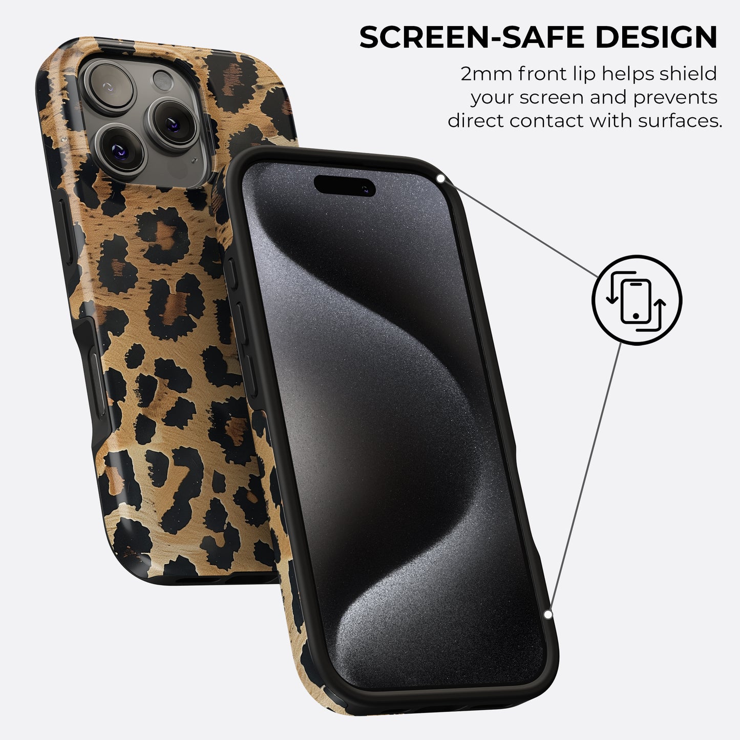 HaloCovers leopard print tough phone case with 2mm raised front lip screen-safe design, shock-absorbing dual-layer protection, stylish animal print cover compatible with iPhone, Samsung Galaxy, and Google Pixel