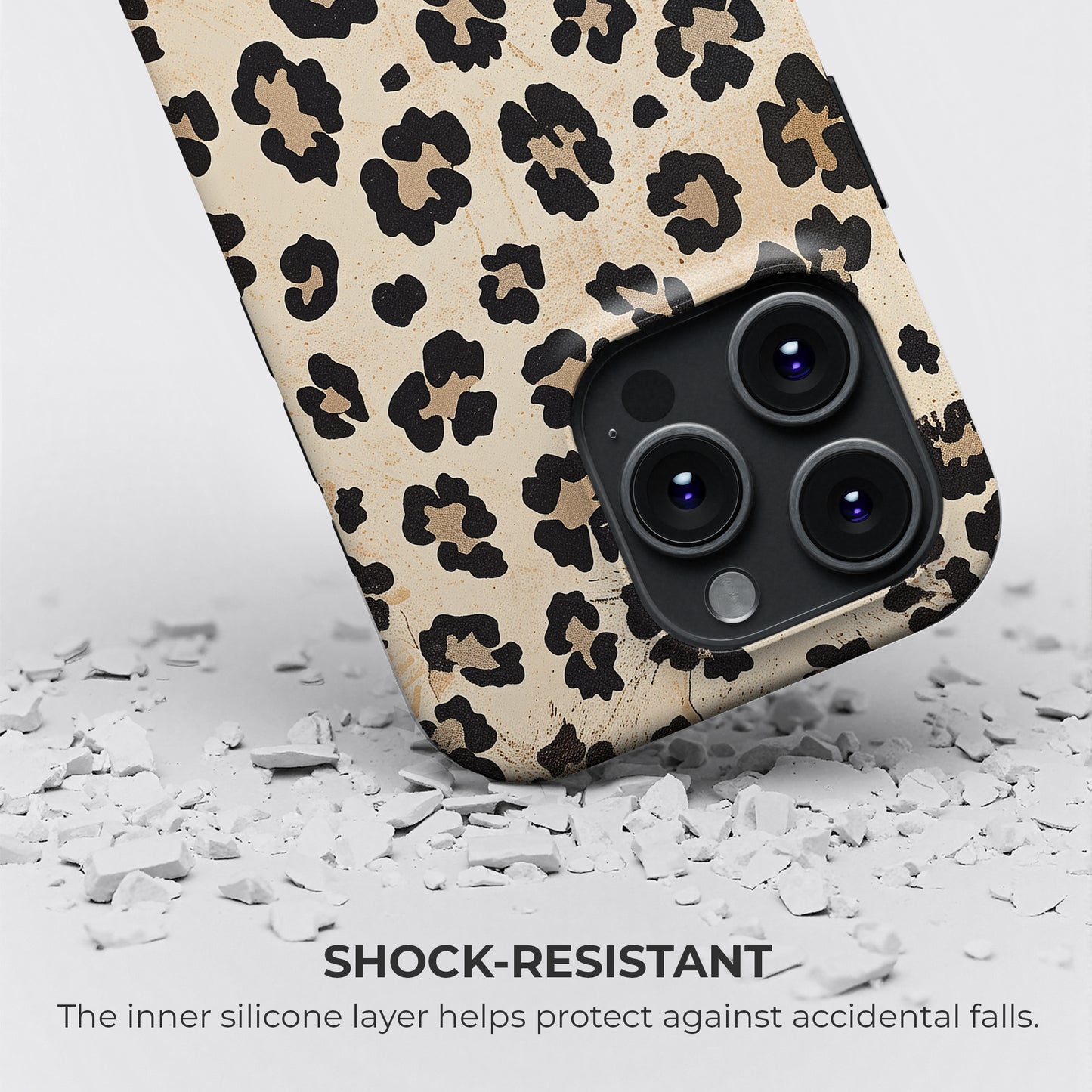 Leopard print tough phone case with shock resistant design featuring inner silicone layer for extra protection against accidental drops and impacts