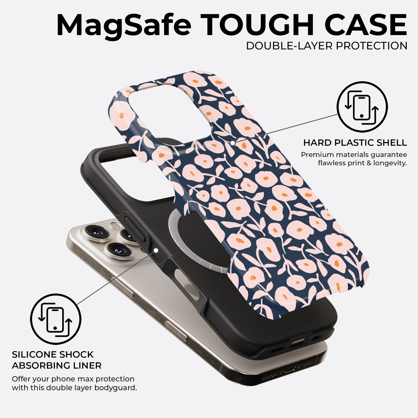 HaloCovers navy floral MagSafe tough phone case showing double-layer protection with silicone liner and hard plastic shell for durability