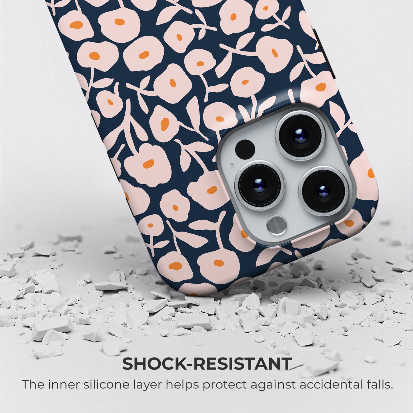 HaloCovers navy floral tough phone case with shock-resistant design, featuring inner silicone layer for maximum drop protection and durability