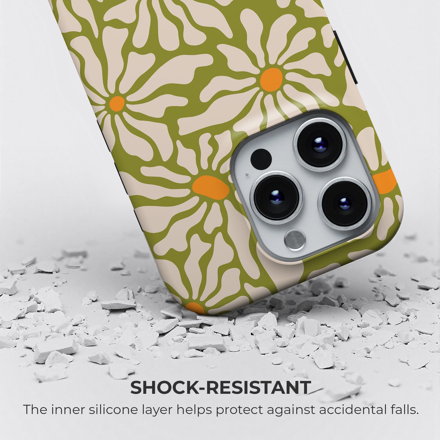Olive green daisy tough phone case with shock resistant silicone liner protecting against accidental drops