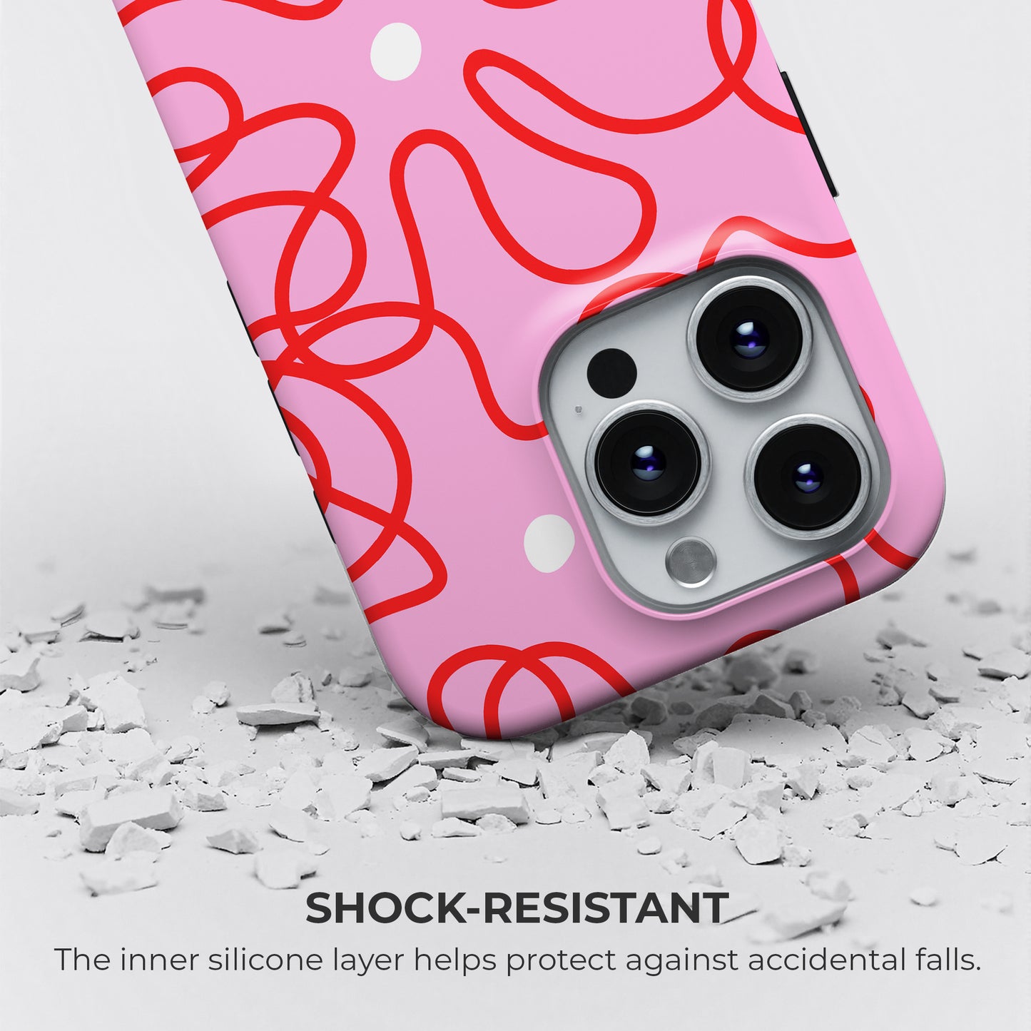 HaloCovers pink abstract squiggle phone case with white dots, shock-resistant design with silicone inner layer for drop protection, stylish durable cover for iPhone, Samsung Galaxy, and Google Pixel