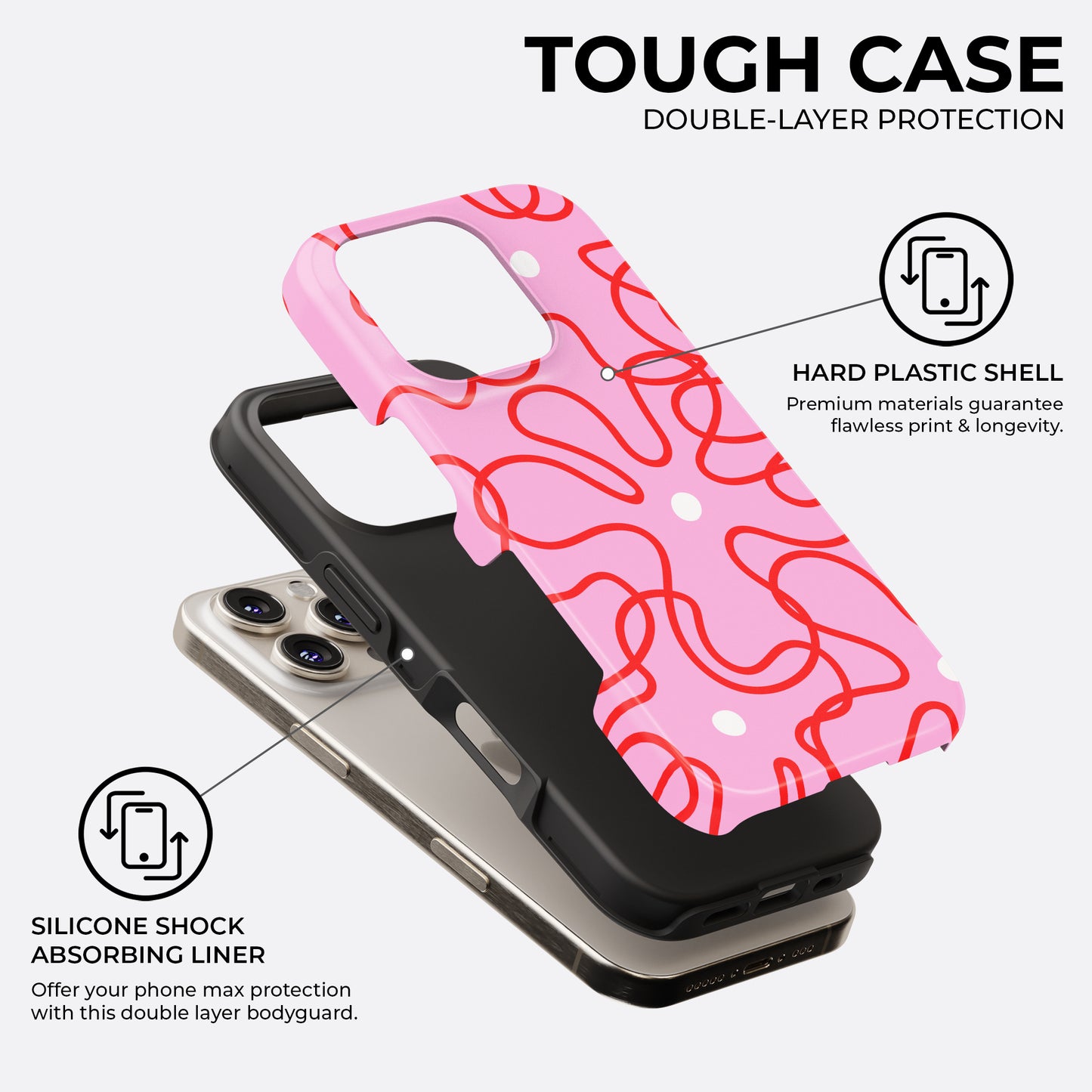HaloCovers pink abstract squiggle tough phone case with white dots, double-layer protection featuring hard plastic shell and silicone shock absorbing liner, stylish protective case for iPhone, Samsung Galaxy, and Google Pixel