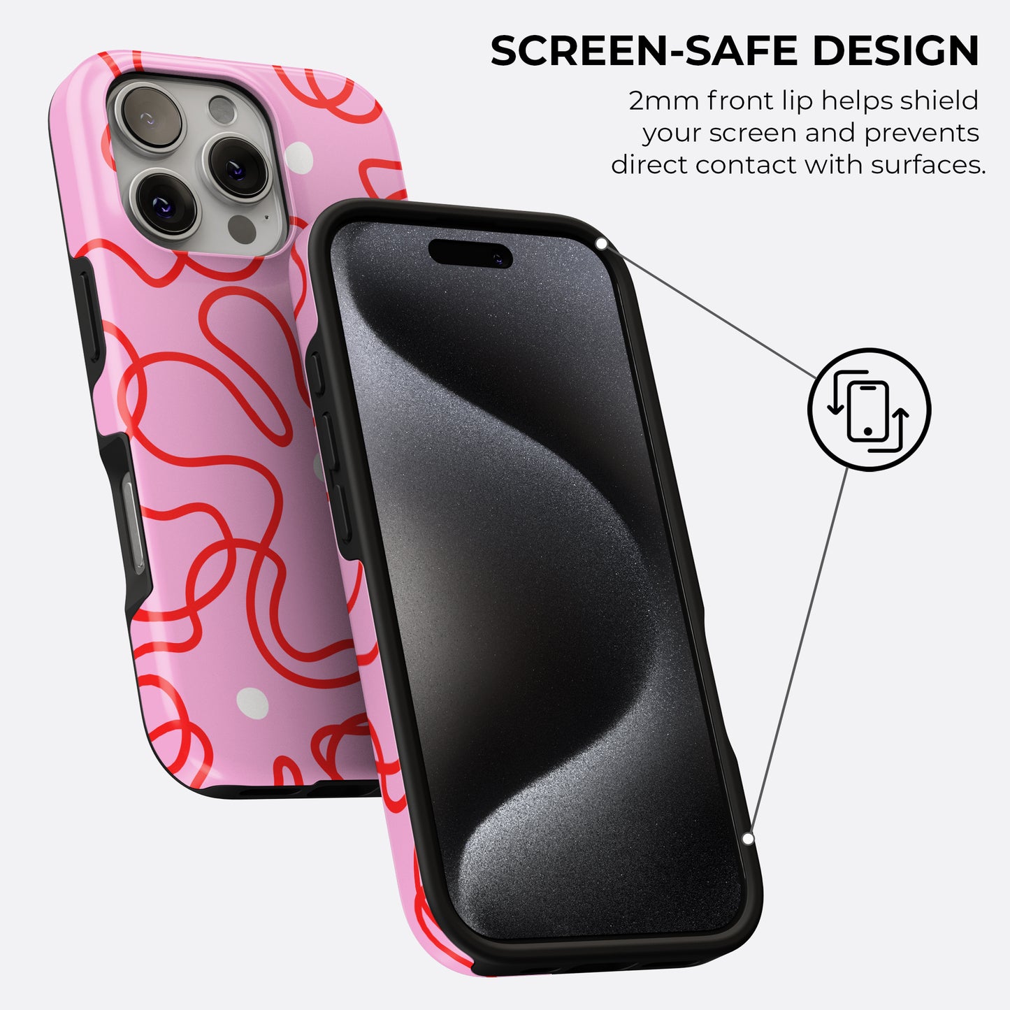 HaloCovers pink abstract squiggle tough phone case with white dots, raised front lip for screen-safe design, 2mm protection edge prevents direct contact with surfaces, durable protective cover for iPhone, Samsung Galaxy, and Google Pixel