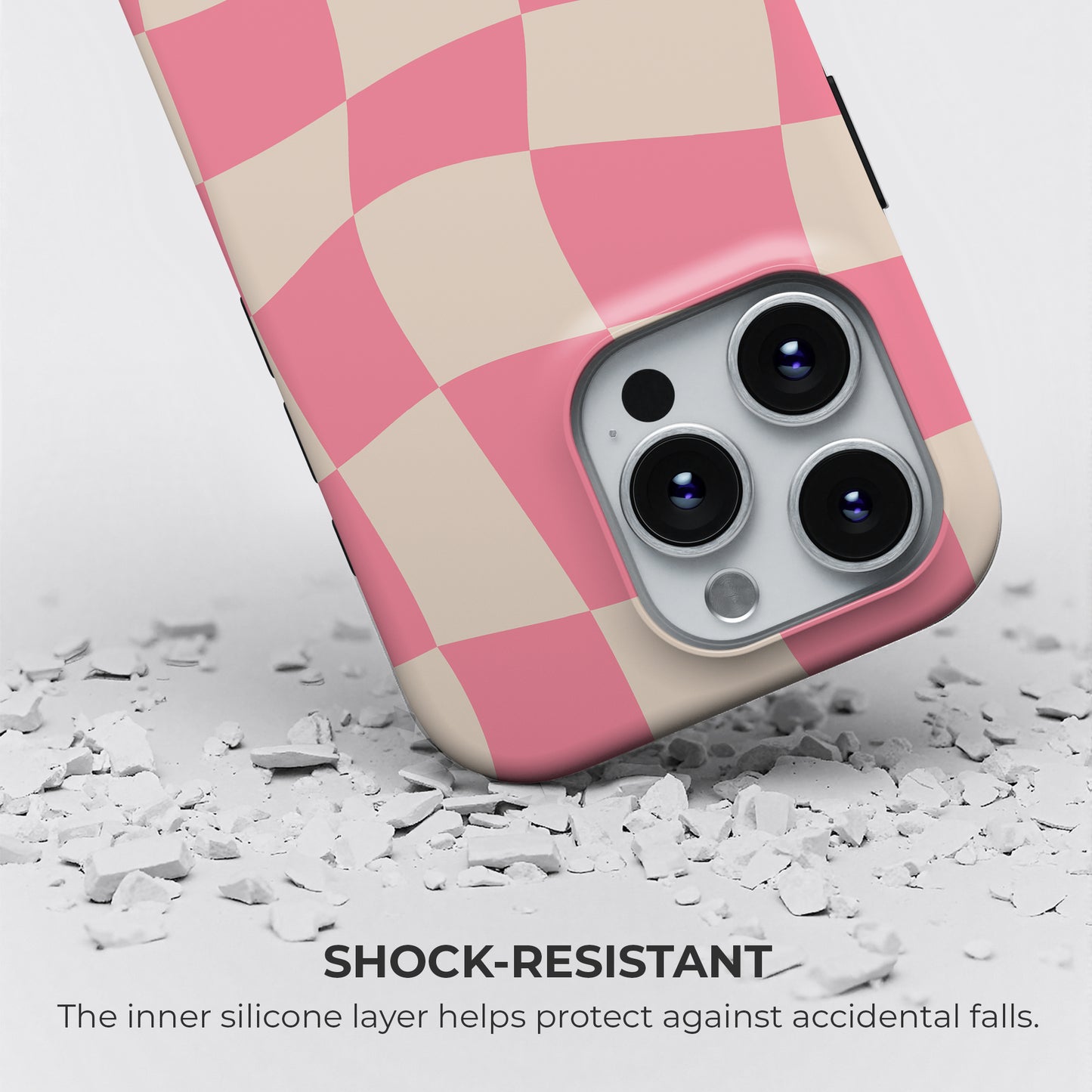 HaloCovers pink checkerboard shock-resistant phone case with silicone liner, drop protection and retro design for iPhone, Samsung Galaxy and Google Pixel devices