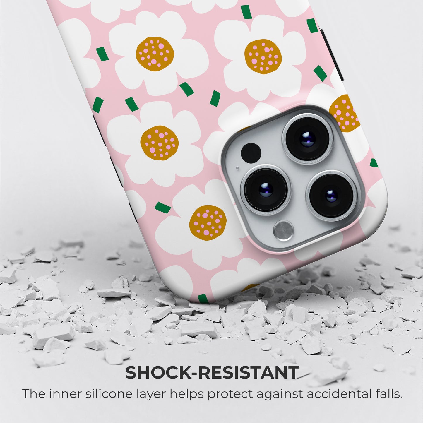 HaloCovers pink daisy floral tough phone case with shock-resistant silicone liner for drop protection, durable cover for iPhone, Samsung Galaxy, and Google Pixel