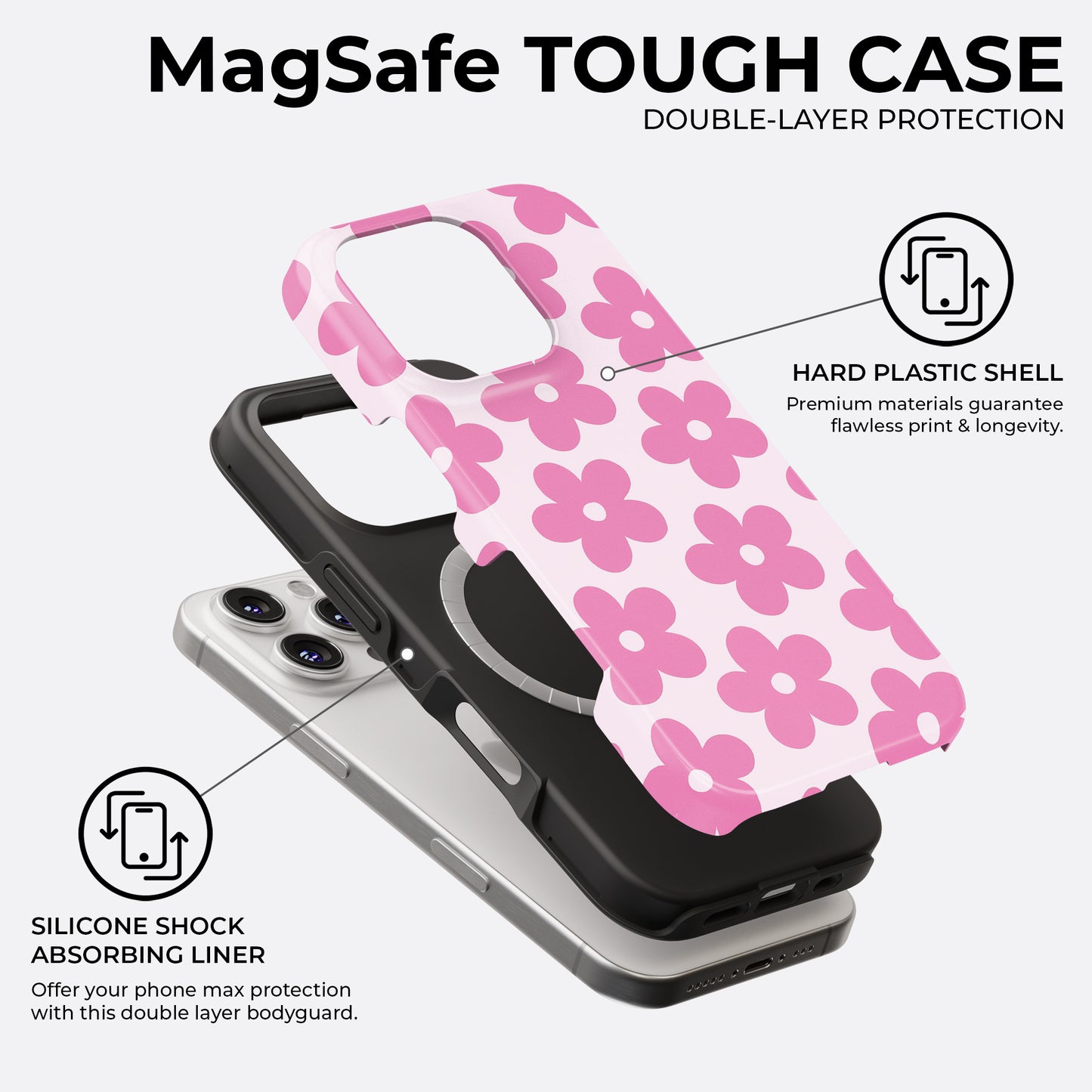 Pink daisy MagSafe tough phone case with white and pink floral design, featuring double-layer protection with hard plastic shell and silicone liner by Casiden