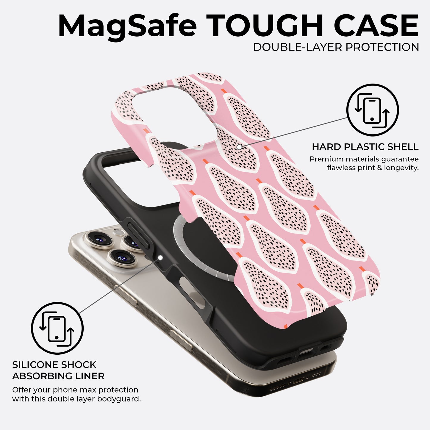Pink dragon fruit MagSafe tough phone case showing double layer protection with hard plastic shell and silicone liner