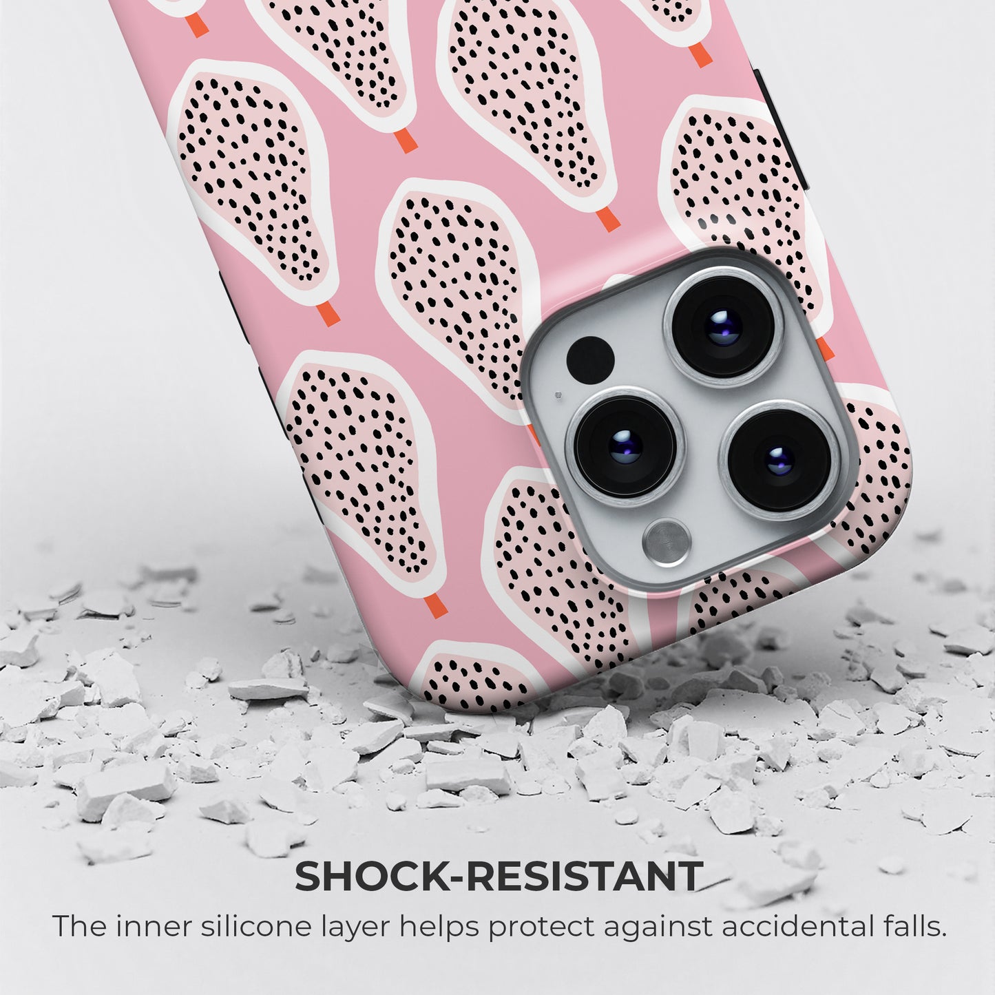 Pink dragon fruit tough phone case with shock resistant silicone inner layer protecting against drops and impacts