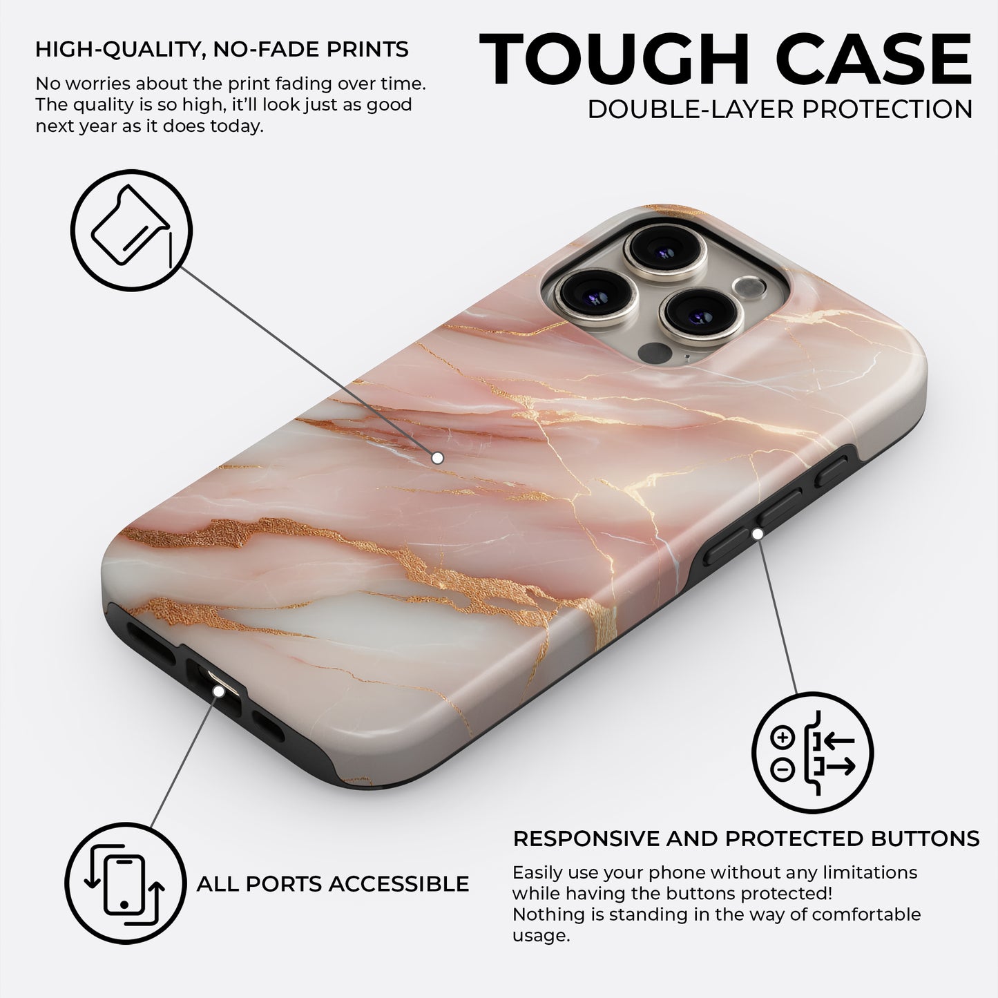 HaloCovers pink and gold marble iPhone tough case with high-quality no-fade prints and double layer protection