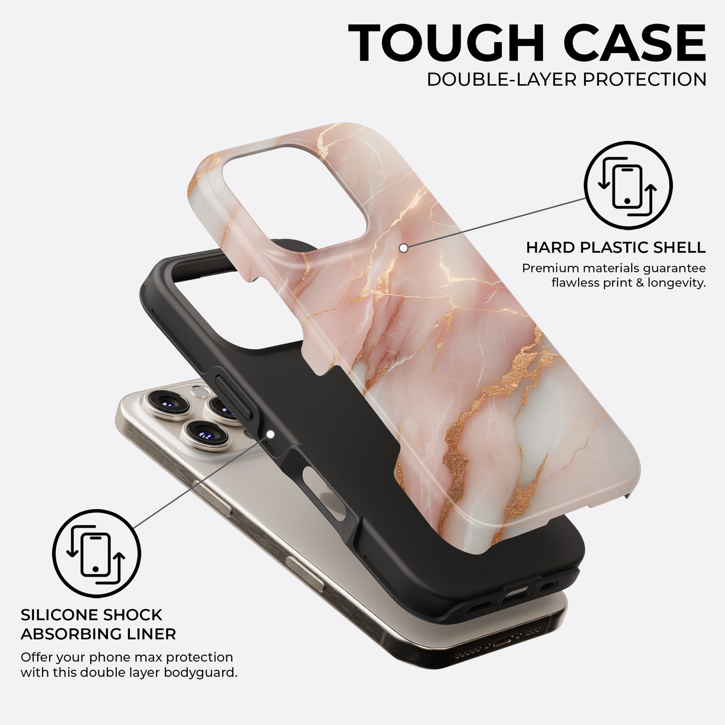 HaloCovers pink and gold marble MagSafe tough case with hard plastic shell and silicone shock absorbing liner