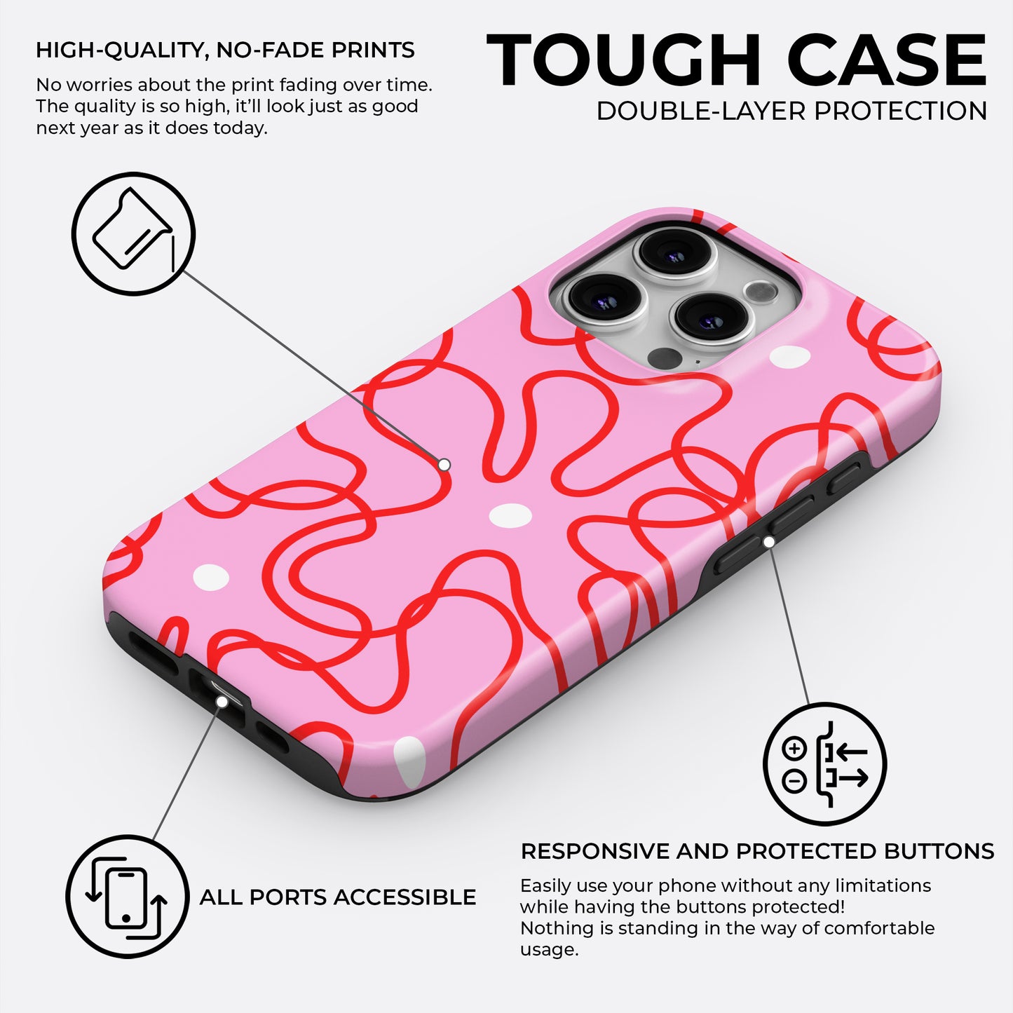 HaloCovers pink and red abstract squiggle tough phone case with white polka dots, double-layer protection with hard plastic shell and silicone shock-absorbing liner, compatible with iPhone, Samsung Galaxy, and Google Pixel