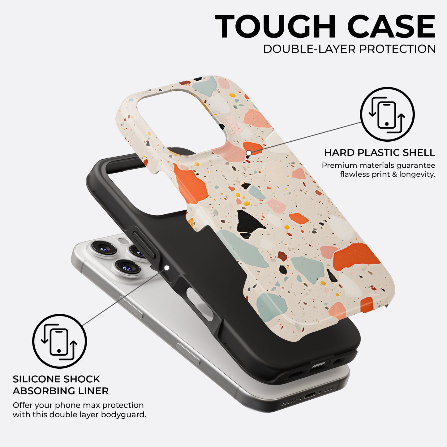 Terrazzo color splash tough phone case showing double-layer protection with hard plastic shell and silicone shock absorbing liner