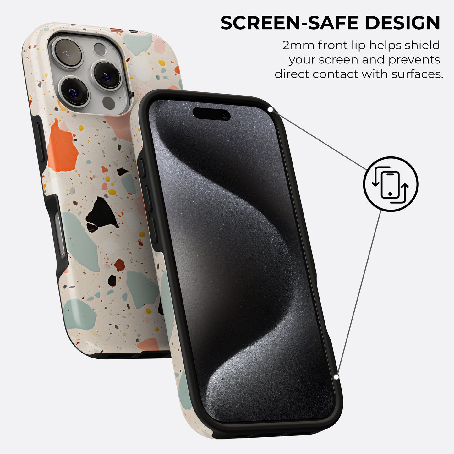Terrazzo pattern tough phone case with colorful speckled design showing 2mm raised edge for screen-safe protection