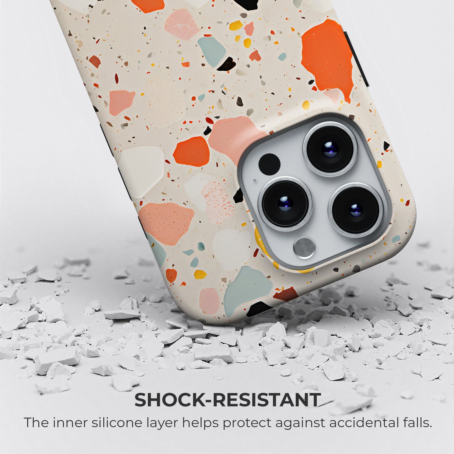 Terrazzo color splash tough phone case with shock-resistant design featuring inner silicone layer for drop protection