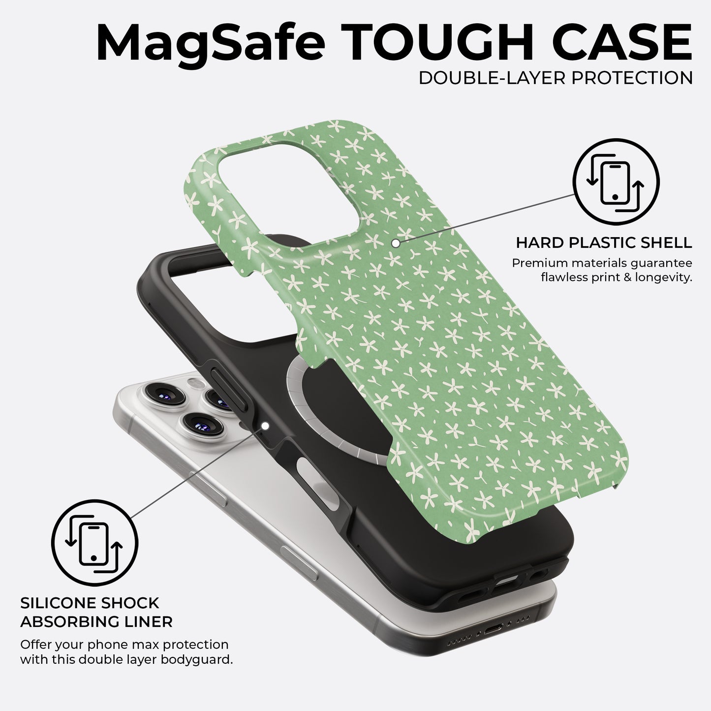 Tiny white flowers MagSafe tough phone case showing double-layer protection with hard plastic shell and silicone liner by HaloCovers