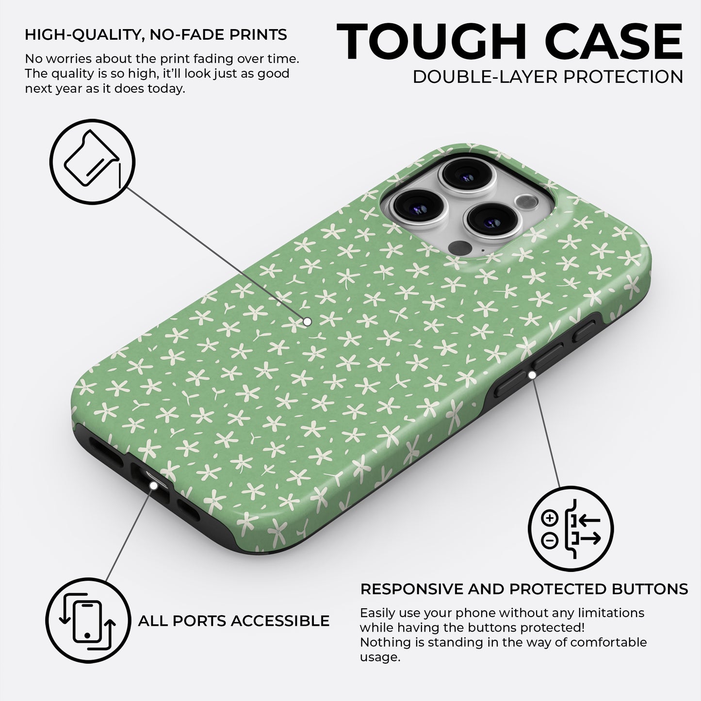 Tiny white flower pattern tough phone case with double-layer protection, all ports accessible, and responsive protected buttons by HaloCovers