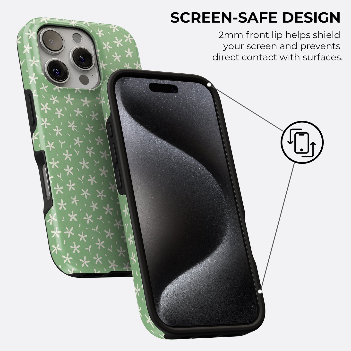 Tiny white flower tough phone case showing screen-safe design with raised front lip for screen protection by HaloCovers