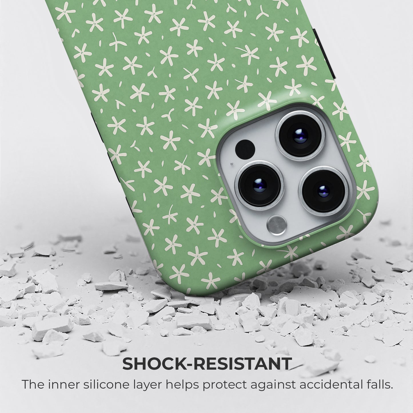 Tiny white flowers tough phone case showing shock-resistant protection with inner silicone liner for drops and impacts by HaloCovers