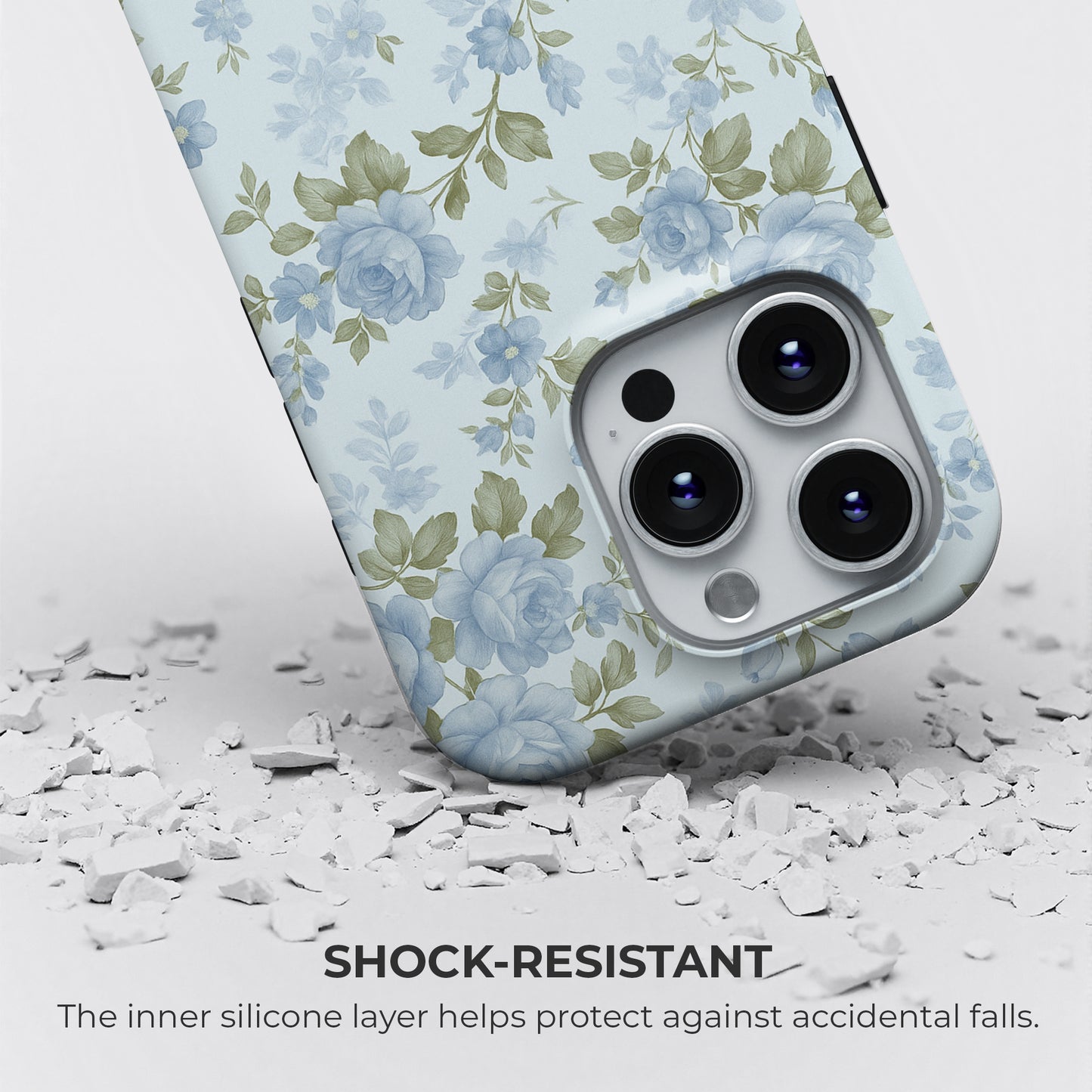 Vintage blue floral tough phone case showing shock-resistant protection with inner silicone layer guarding against drops by HaloCovers