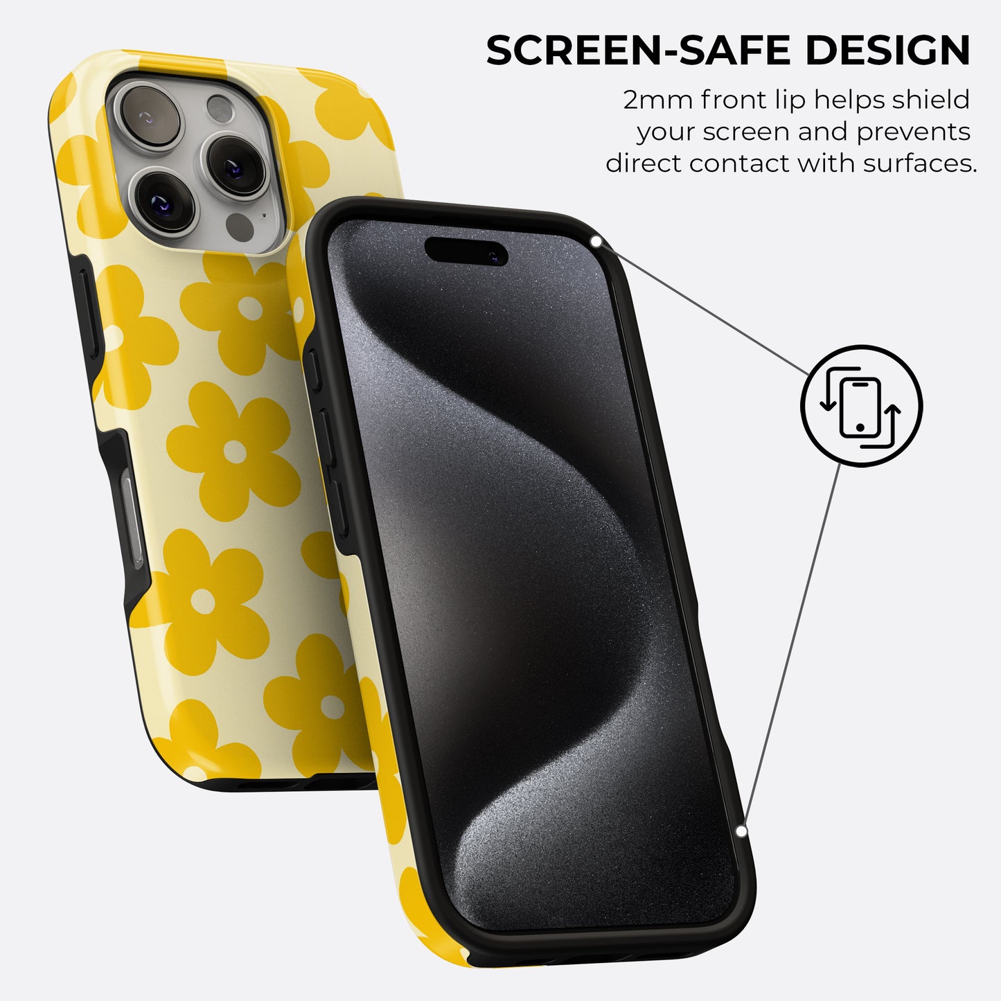Yellow floral phone case with bright retro flowers, screen-safe design featuring a 2mm raised front lip for extra screen protection by Casiden