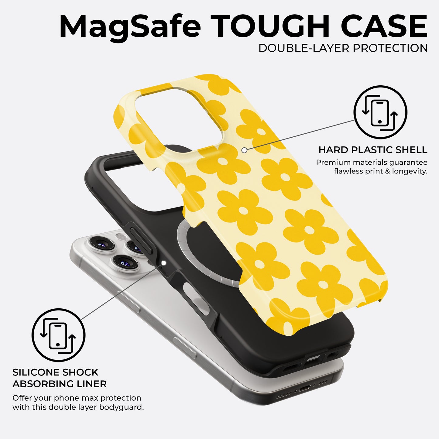 Yellow floral MagSafe phone case with retro flower pattern, tough double-layer protection featuring hard plastic shell and silicone liner by Casiden