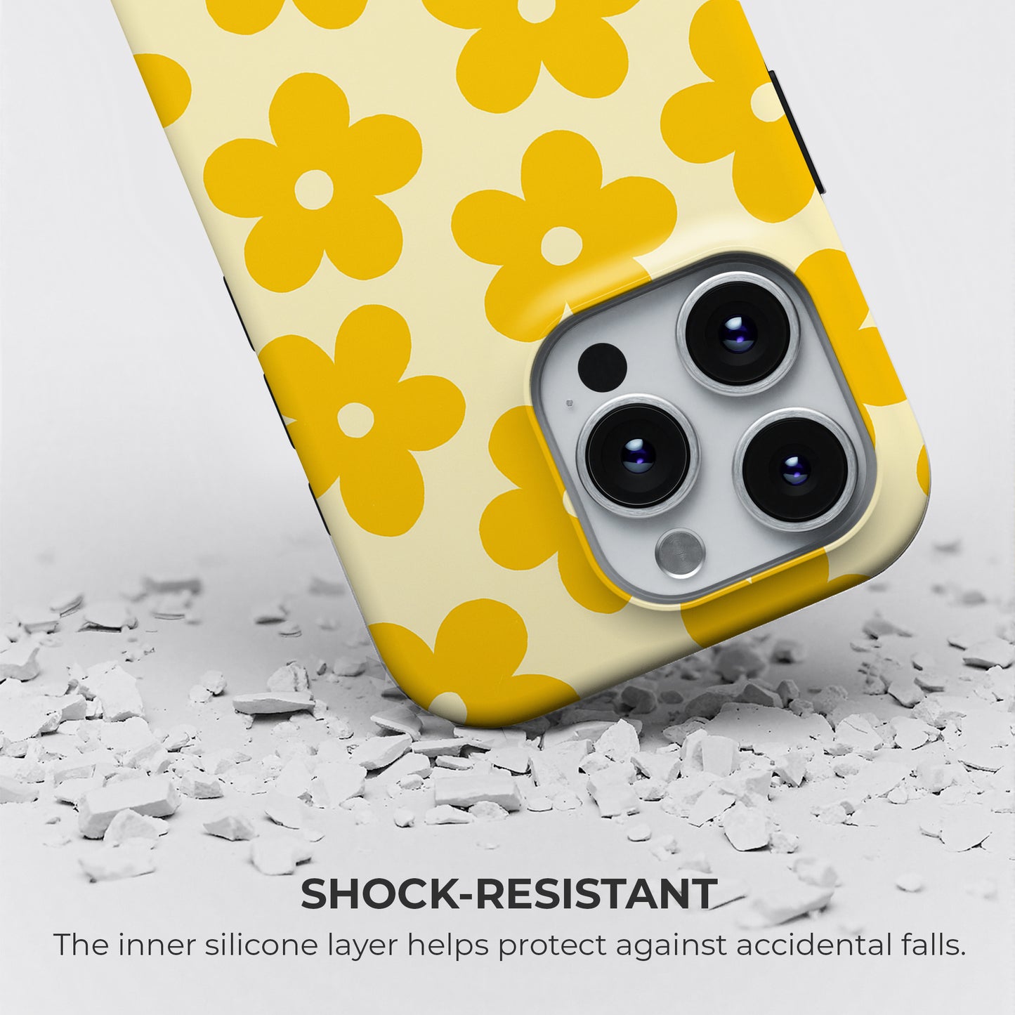 Yellow floral phone case with retro flower pattern, shock-resistant design featuring silicone inner layer for drop protection by Casiden