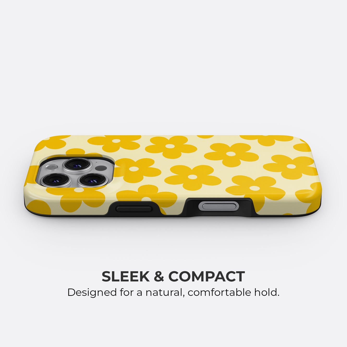 Yellow floral phone case with retro flower pattern, sleek and compact design for a natural and comfortable hold by Casiden