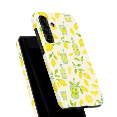 a phone case with a yellow and green lemon pattern.