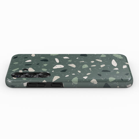 a rectangular phone case with a green and white speckled pattern.