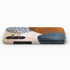 a phone case with a colorful abstract design, including various shades of blue, orange, and brown.