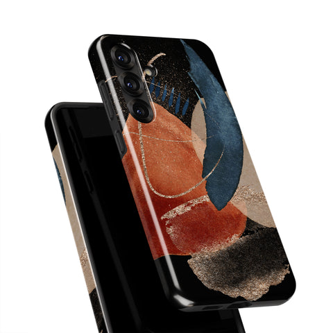 a black phone case with a colorful abstract design on it.