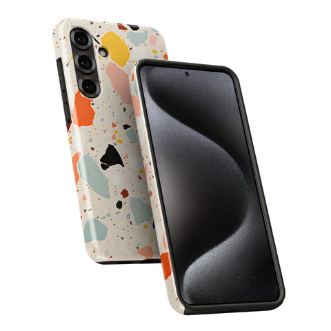 a smartphone case with a colorful, abstract pattern on the back and a black, curved case on the front.