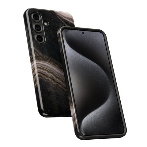 a black smartphone with a marble-like pattern on its back cover.
