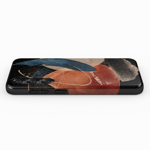 abstract art on a phone case, with a combination of blue, orange, and black colors.