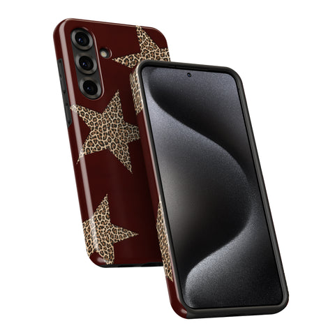 a smartphone case with a maroon color and a leopard print pattern. The case appears to be designed for a Samsung Galaxy S10 smartphone.