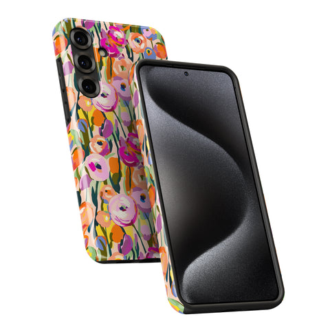 a colorful phone case with a floral pattern, and a smartphone with a black screen is shown next to it.