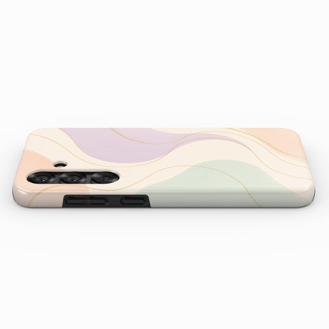 a phone case with a colorful abstract design featuring curved lines in various pastel shades.