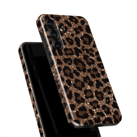 a phone case with a leopard print design, which appears to be a black and brown pattern with glitter accents.